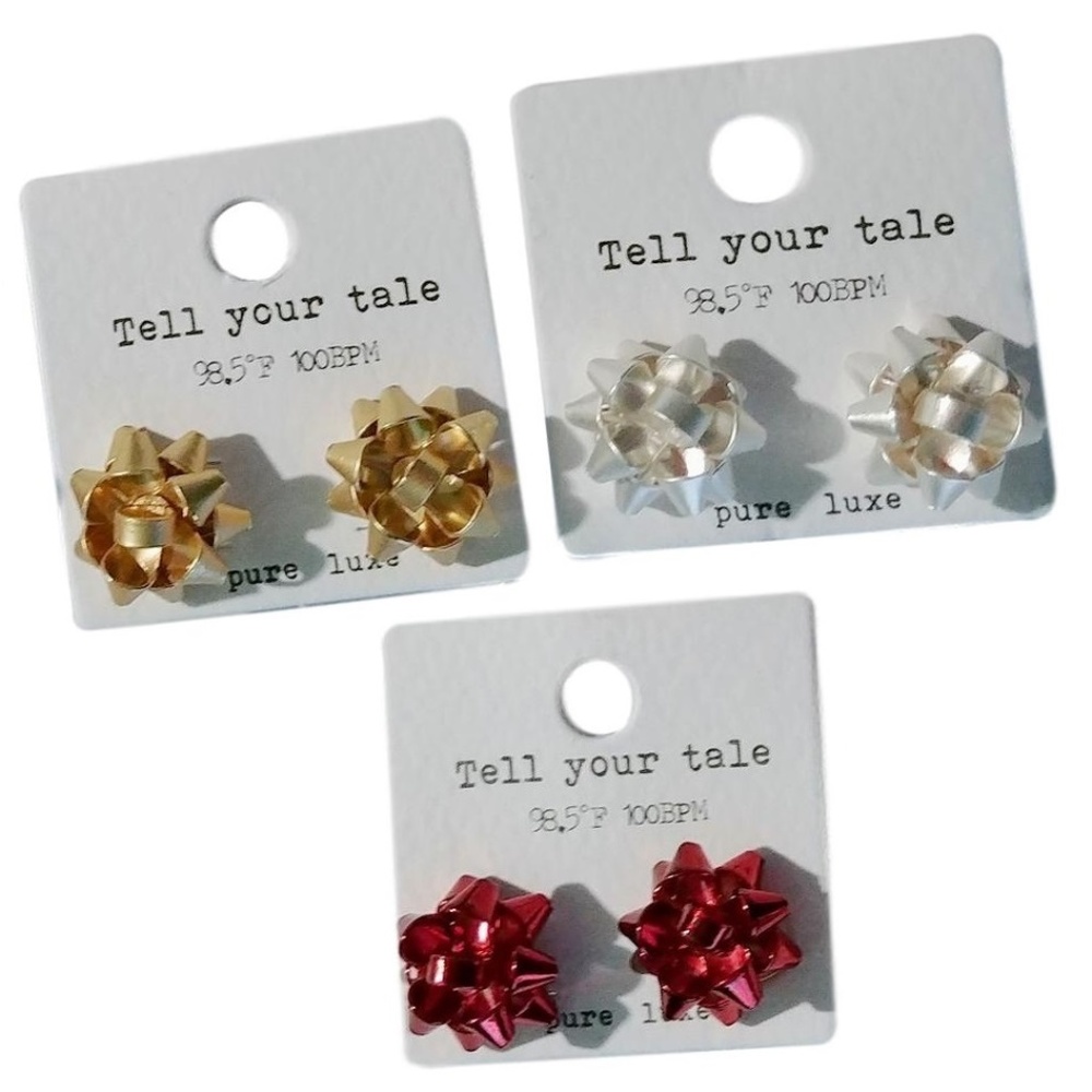 3 Pr Small Christmas Bow Stud Button Earrings 5/8"